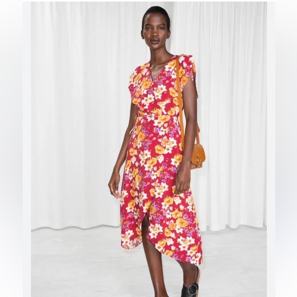& Other Stories Floral Wrap Dress Red  Flower pattern Size 4 Los Angeles - Picture 3 of 10